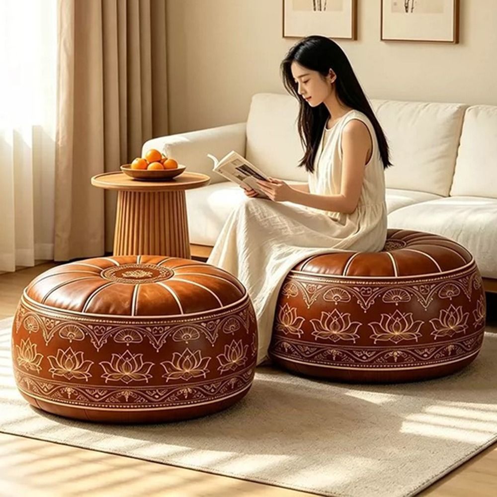 Floor Cushion Pouf - PU Leather Fillable Ottoman Pouf Embroidered
